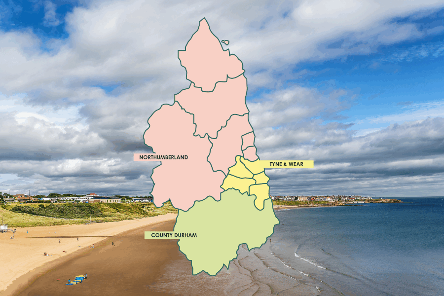 A background image of Tynemouth beach, with a map overlayed showing Northumberland, Tyne & Wear, and County Durham